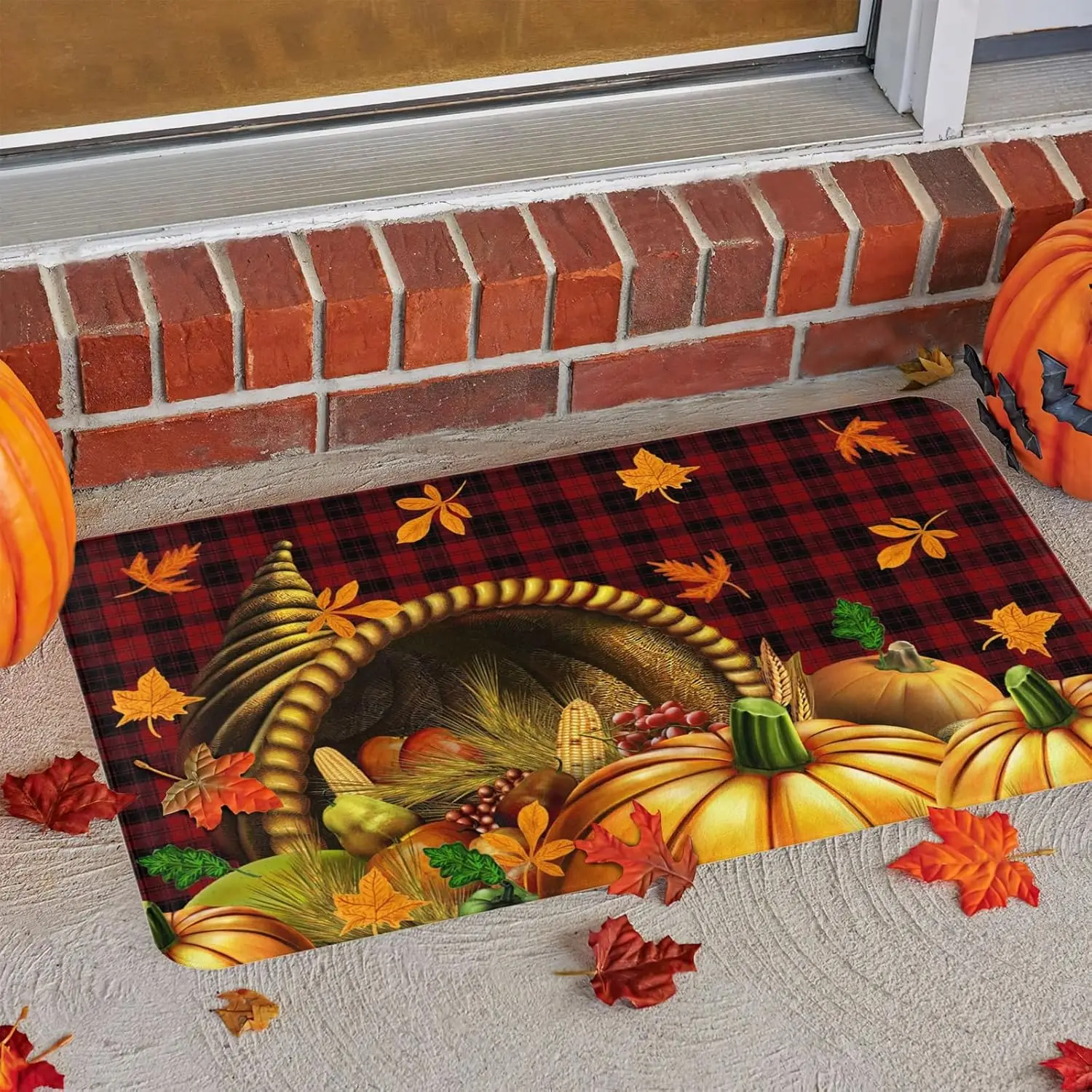 Fall Pumpkin Maple Leaves Carpet Autumn Kitchen Bathroom Non-slip Floor Mat Laundry Balcony Hallway Rug Thanksgiving Decorations