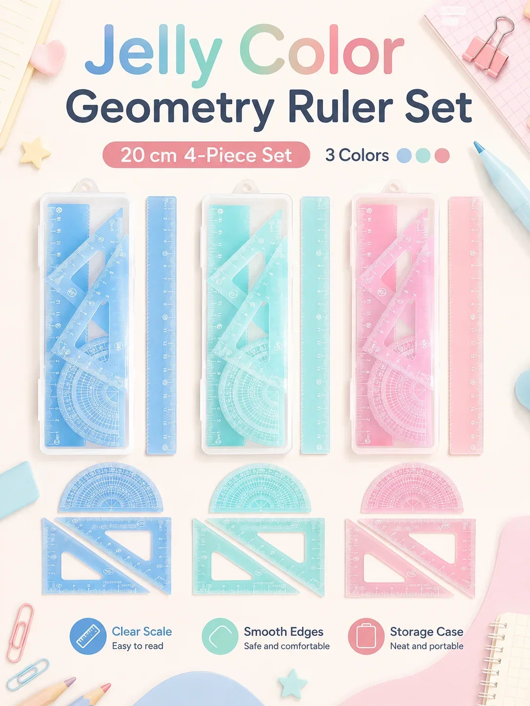 4Pcs Cartoon Jelly Ruler Kit, 20cm Straight Ruler for Students, High Beauty School Learning Stationery