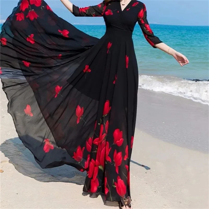 2024 Summer New Sexy Korean Version V-Neck Printed Chiffon Dress Women Waist-Length Temperament Big Swing Thin Beach Long Skirt