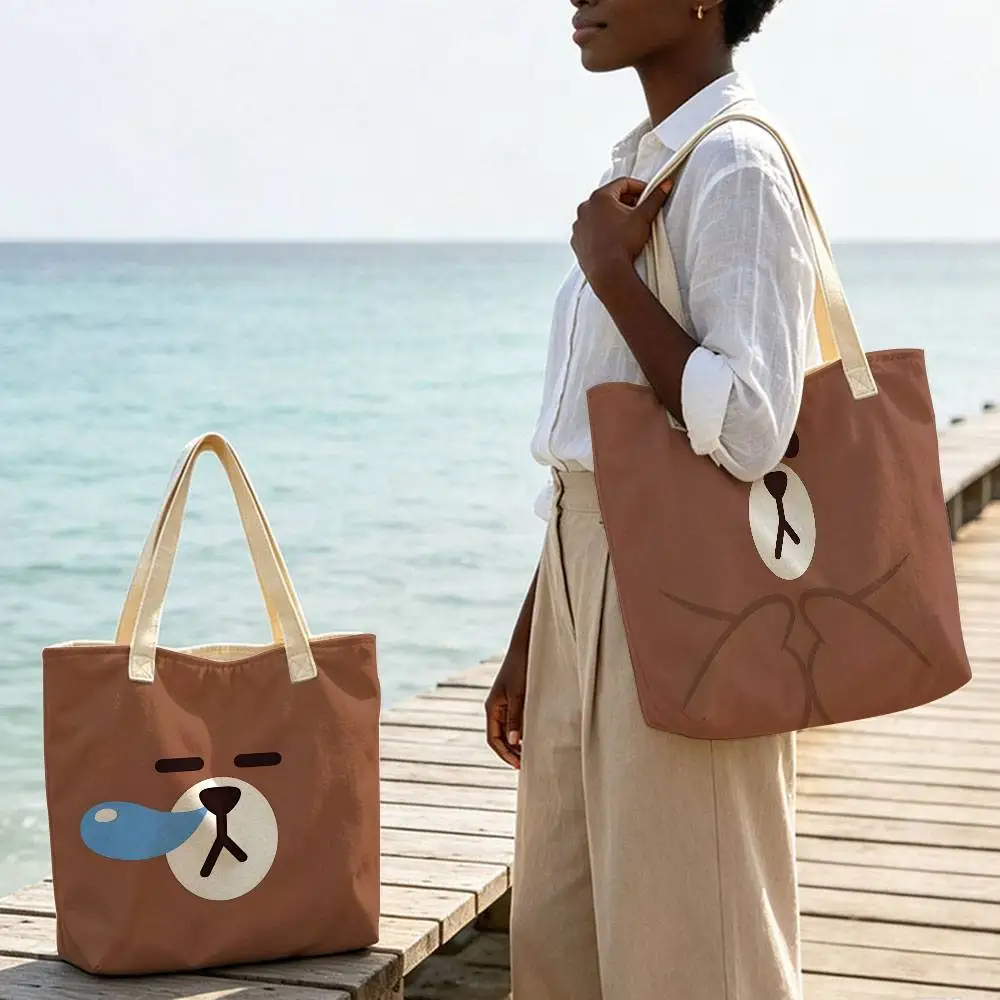 L-Lines F-Friends Brown Bear Large Storage Tote Bag Linen Blend Cotton Shoulder Handbag Reusable Eco‑Friendly Daily Bag