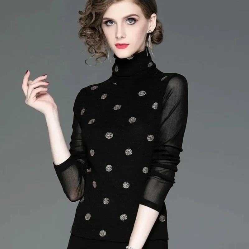 Women Spring Autumn Style Mesh Blouses Shirts Lady Slim Long Sleeve Turtleneck Polka Dot Sequins Blusas Tops