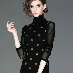 Women Spring Autumn Style Mesh Blouses Shirts Lady Slim Long Sleeve Turtleneck Polka Dot Sequins Blusas Tops