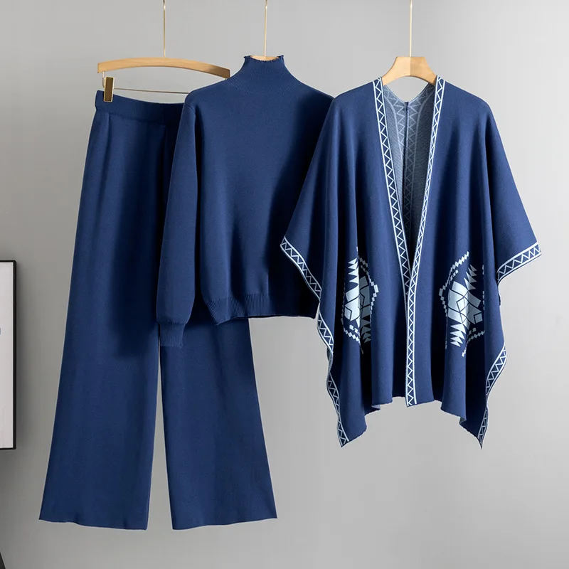 Greenora Business Casual Minimalist Old Money Women Loose Knit Poncho Cape Cardigan Wide Leg Pants 3 Piece Set Dubai Style
