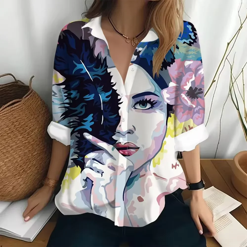 Mulheres Camisa de Manga Longa 3D Impressão Digital, Pintura a Óleo Abstrata Art Tops, senhoras Camisas Elegantes, Moda Solta, Havaiano