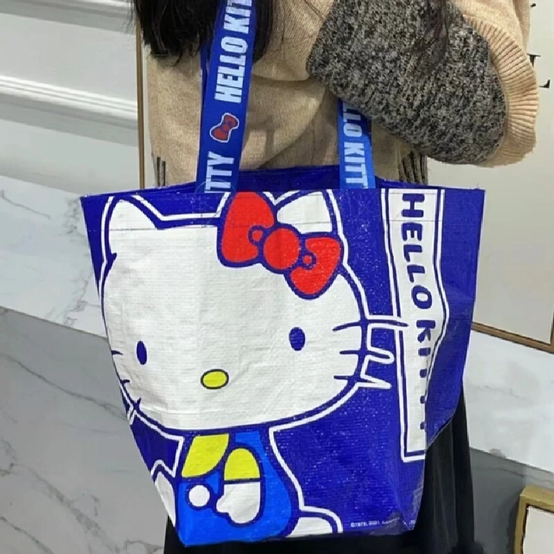 Sanrio Cute Cartoon Character Kitty Printed Klein Blue Duża pojemność na jedno ramię Ekologiczna ręczna tkana torba na zakupy