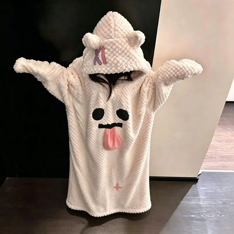 Women Winter Plush Hooded Nightgown Funny Tongue Out Ghost Face Print Large Size Warm Long Loungewear Home Dress Oversized Loose
