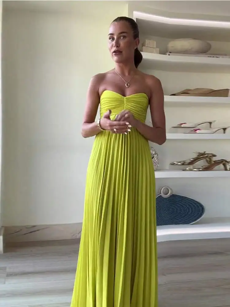 Female Strapless Pleated Elegant Party Dress Sexy Sleeveless Off Shoulder Maxi Dress 2024 New Lady Prom Gown Evening Vestidos