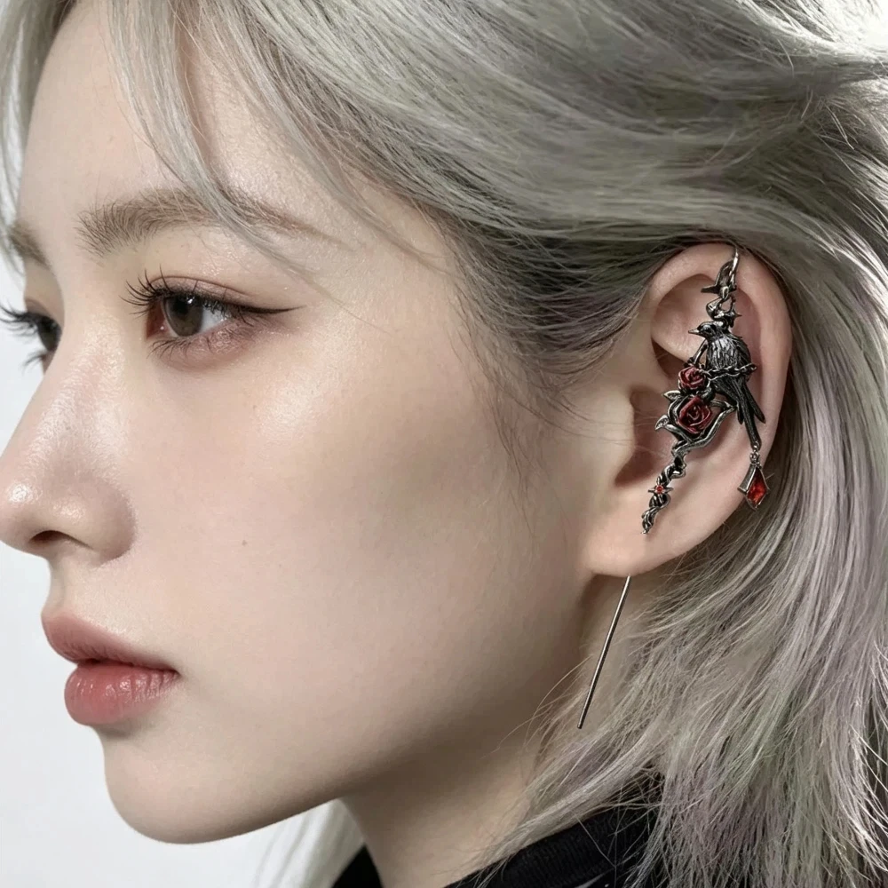 Gothic Crystal Rhinestone Thorn Piercing Earring Black Silver Colors Red Ear Pin Lightweight Crow Ear Stick Unisex