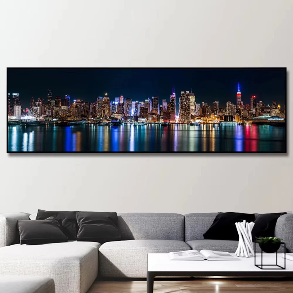 Modern Skyscrapers New York City Night Landscape Poster and Prints City Skyline Canvas Wall Art Painting Picture Decor Unframe
