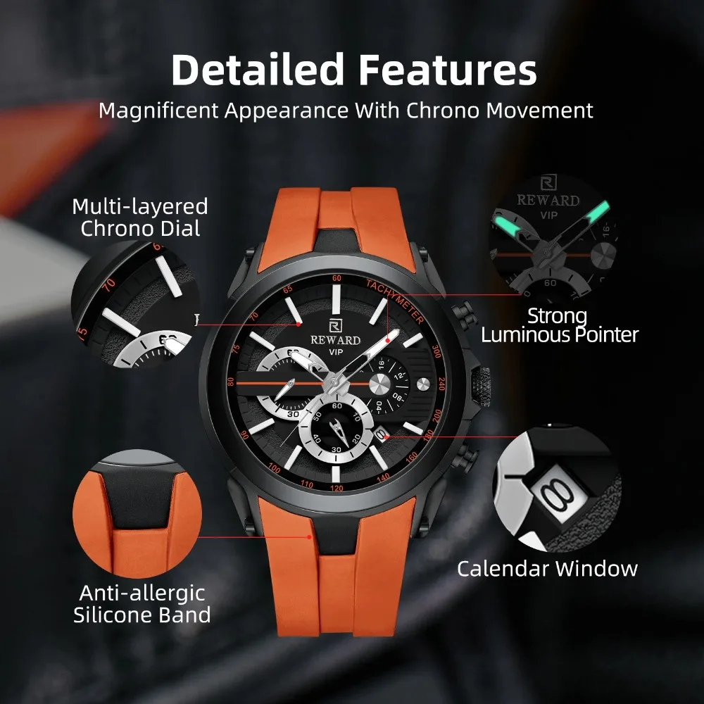 REWARD 83046M Sports Silicone Quartz Men's Watch Waterproof Calendar Chronograph Luminous Relojes Para Hombres reloj Hombre