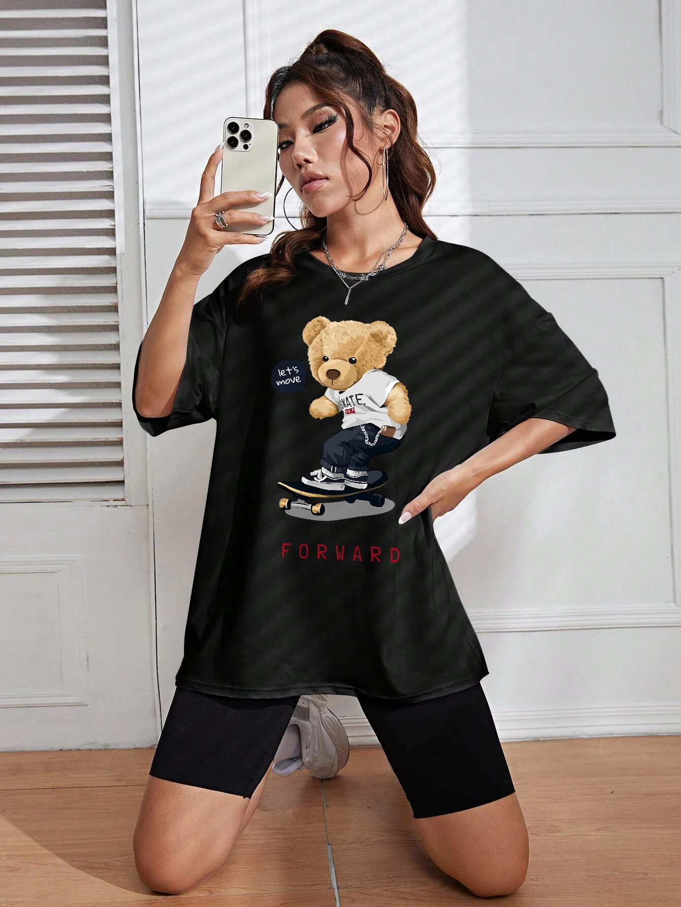 Cartoons Cotton Womens T-Shirts Let'S Move Skateboarding Cute Bear Prints Tops Loose O-Neck Soft Short Sleeve Female Clothes