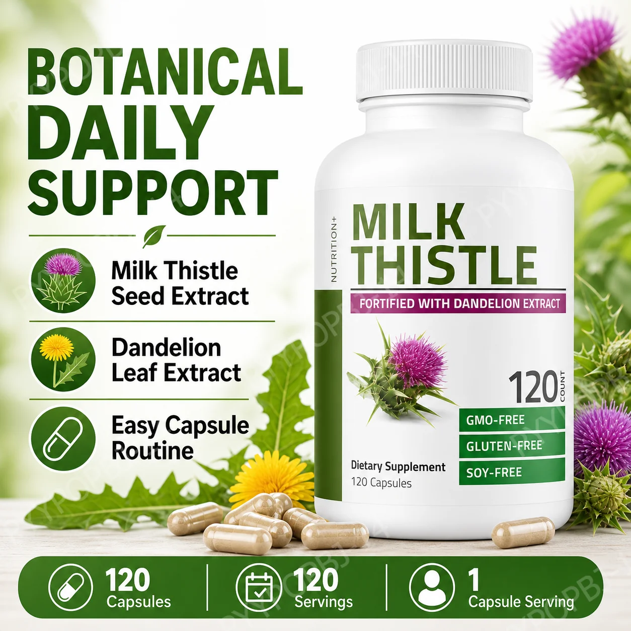Milk Thistle Silymarin Marianum & Dandelion Extract Liver Health Support, Antioxidant Support Detox 120Count Non-GMO Gluten Free