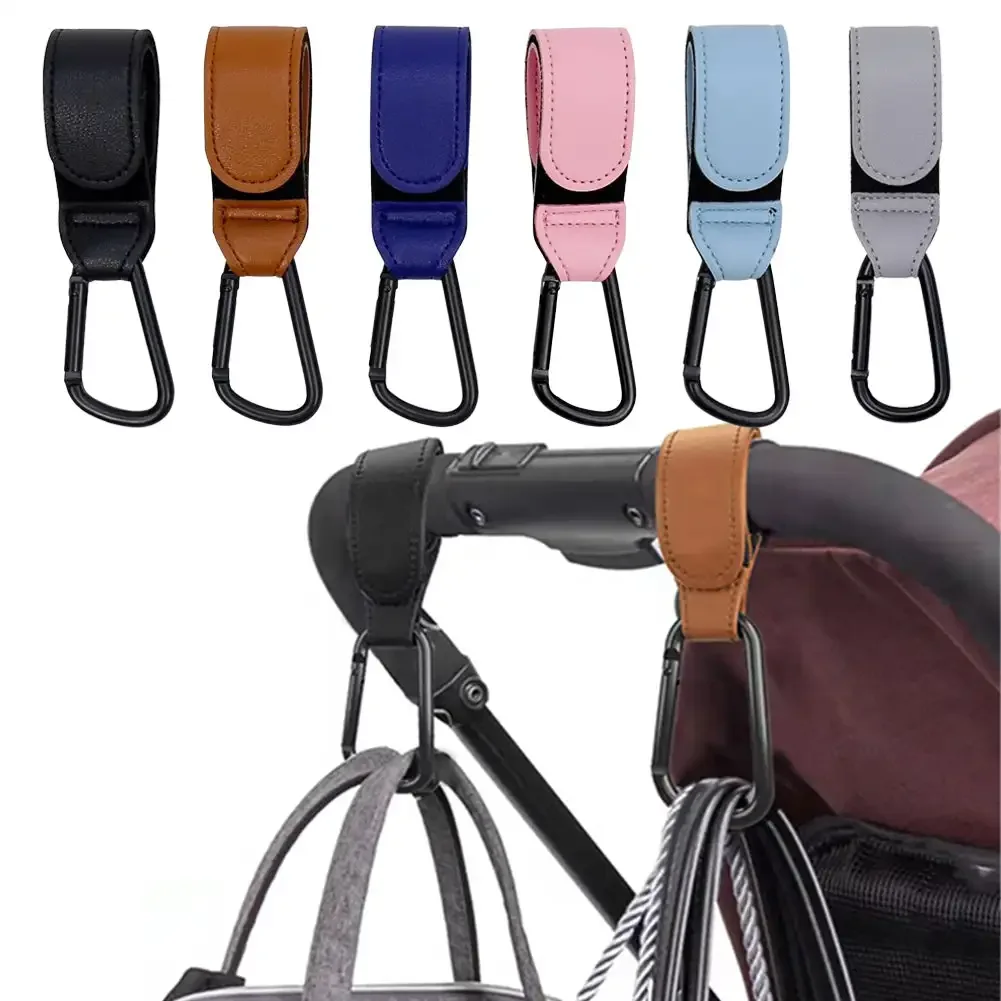 Conveniente Baby Stroller Ganchos Clipes, Liga de alumínio Mosquetão, Pram Pendurado Fralda Sacos, PU Couro, Carrinho Acessórios