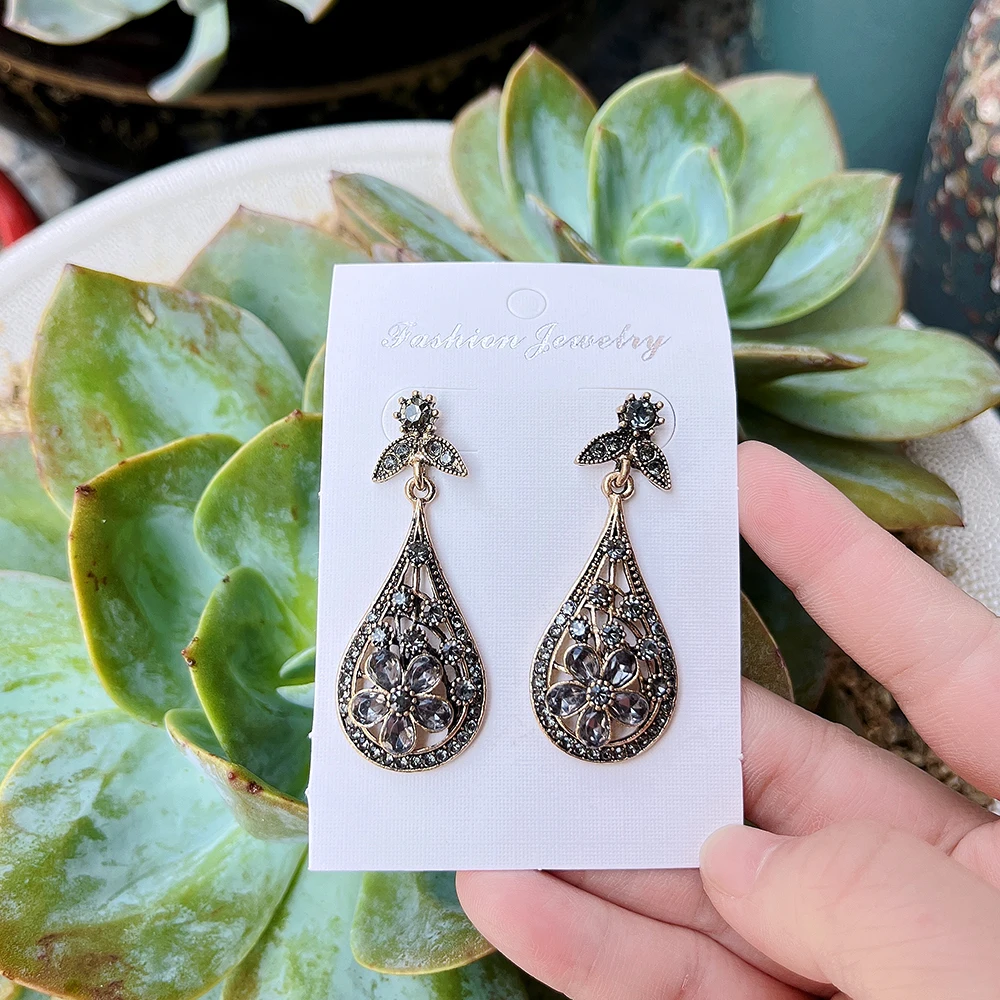 Sunspicems Bohemia Flower Drop Earring Women Grey Crystal Earring Antique Gold Color Turkish Wedding Jewelry Vintage Bridal Gift