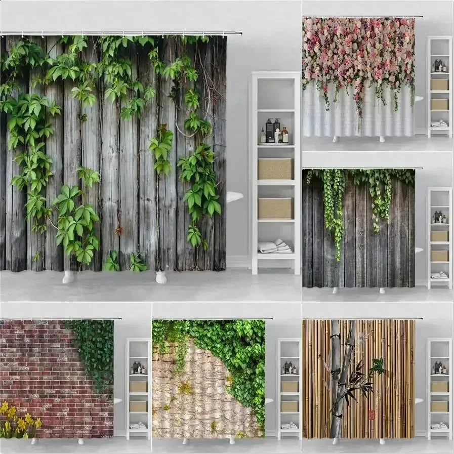 

Rustic Wood & Brick Wall with Ivy Print Shower Curtain, Nature Greenery Design, Waterproof Polyester Bathroom Curtain with Hooks