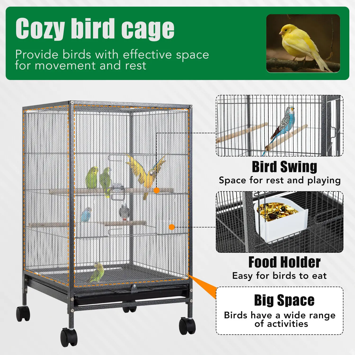 US Wrought Iron Bird Cage with Open Top and Rolling Stand, Small Birds Like Parrots Conure, Lovebird Cockatiel, US 35 