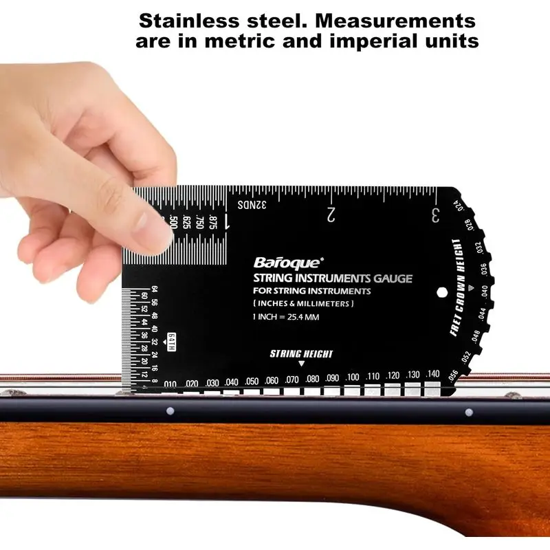 Guitar Luthier Setup Tools, String Action Gauge Ruler Fret Rocker, Precise Etched Polished Edge Inch Metric with Thick Leather