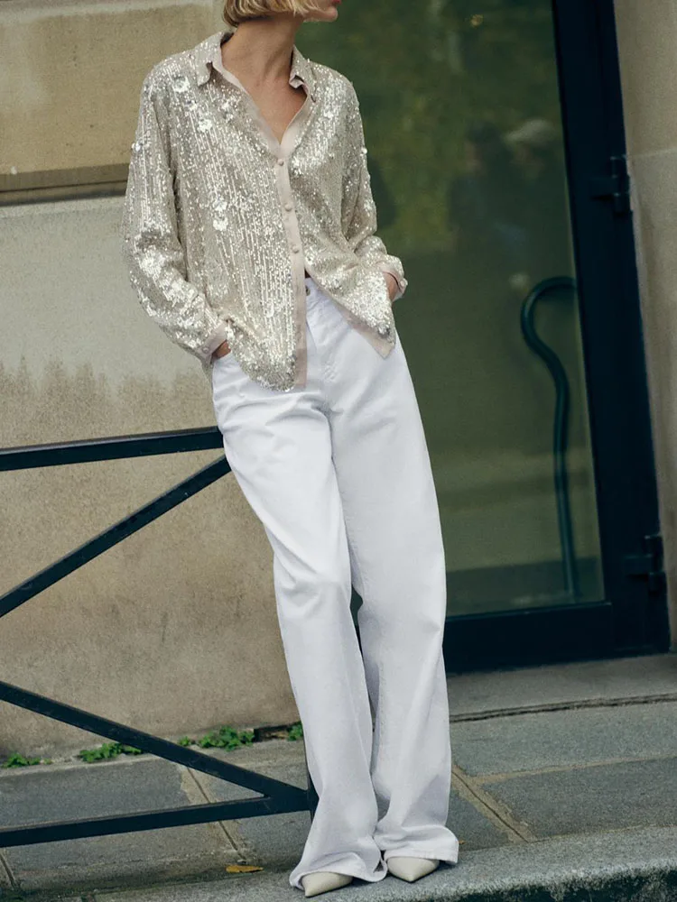 

Ele Long Sve irt for Women Single Button Sequin irt Commute Sle Loose Fit Regular Length Print Design