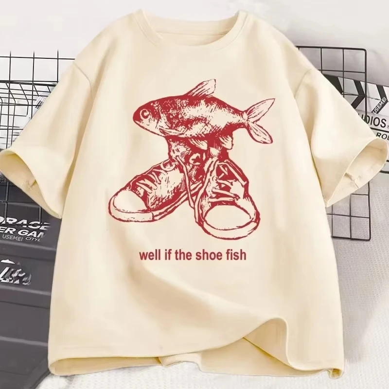 Shoe Fish Cursed T-Shirt Y2K Tees Funny Weirdcore Tee Y2K 90s Retro Graphic T Shirt Cotton Short Sleeve Women Clothing Tees Tops