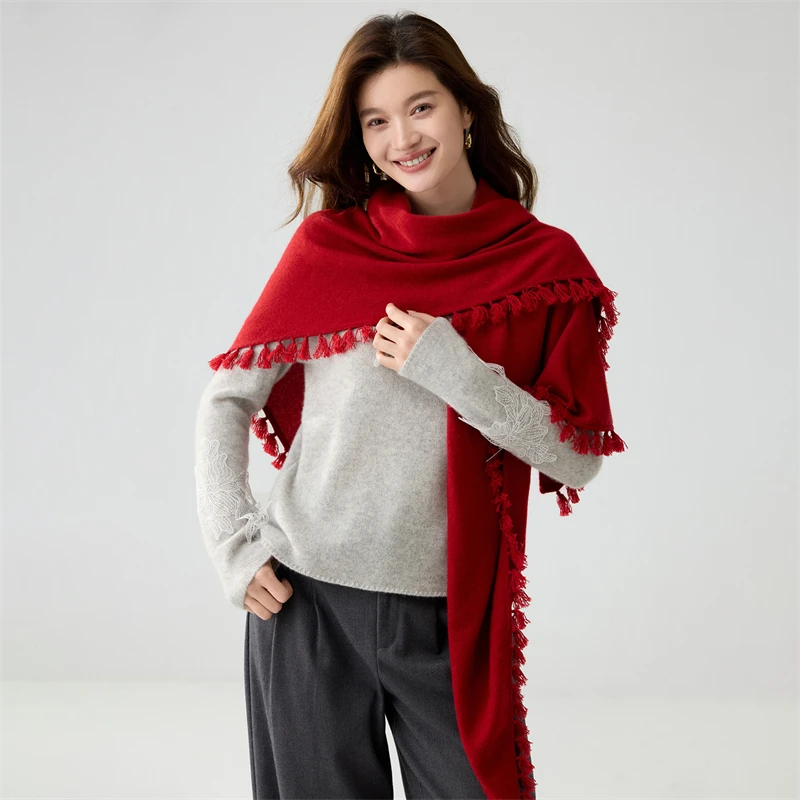 100% Cashmere Knitted Tassel Triangle Shawl Scarf Women Autumn Winter Big Size Elegant Cape Multi-functional Pashmina Shawls