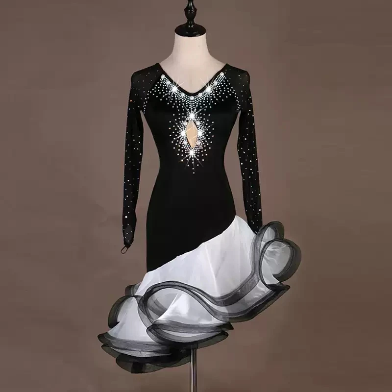 

Black Latin Dance Competition Party Skirt Sexy Adult Womens Party Dresses Ballroom Clothes Wear Female Practice Samba Evening