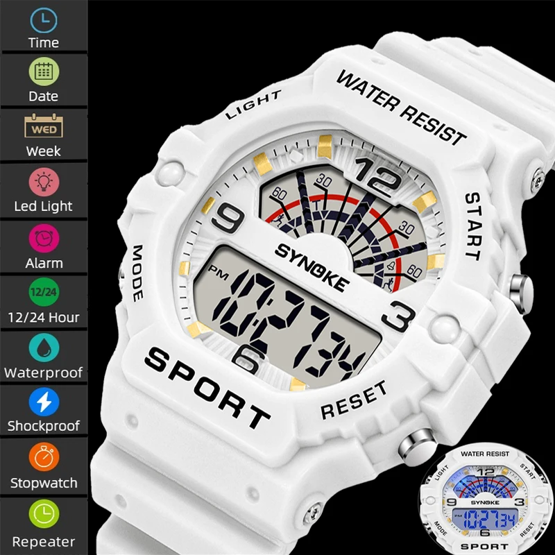 

Synoke Shockproof Men's Digital Sport's Watch Fashion PU Strap 50M Waterproof Swimming Colorful Light Led Chronograph Time