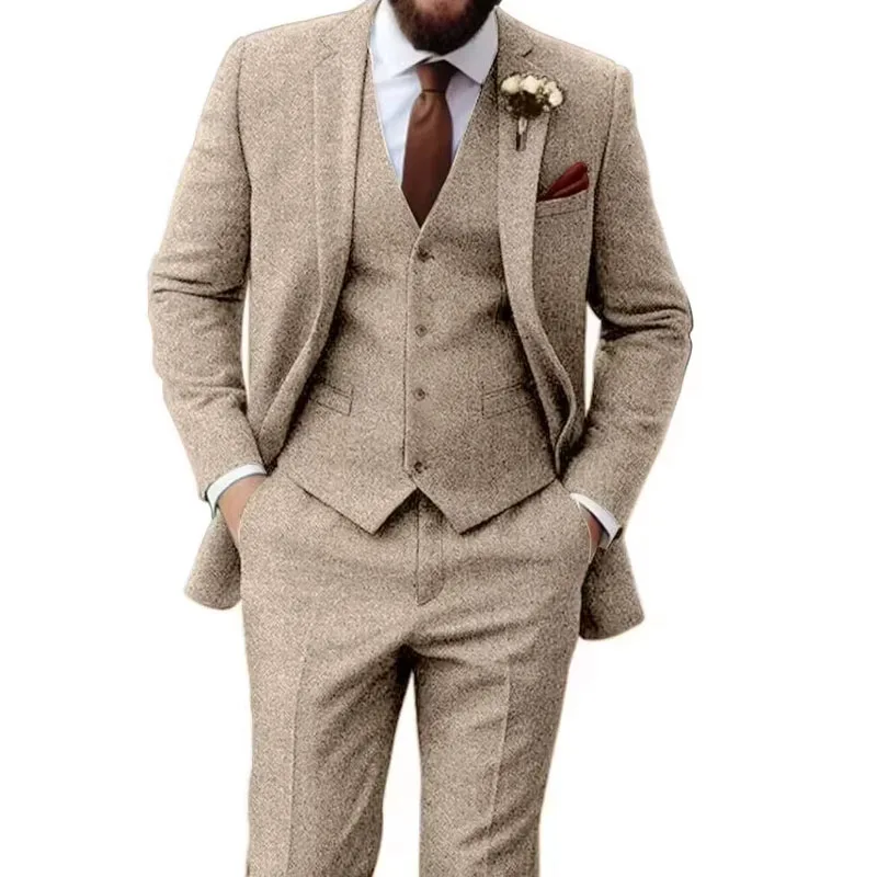 

Мужские костюмы, твидовый облегающий костюм с узором «елочка», деловой жилет, куртка, свадебные костюмы для жениха, комплект из 3 предметов (пиджак + жилет + брюки)