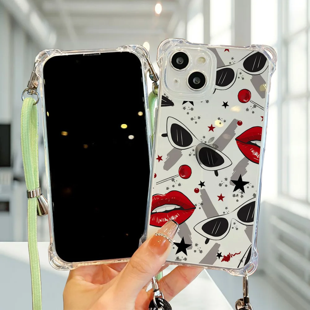 Beautiful Red lip print Collection Suitable for iPhone 16 Case Portable Four Corner Drop Protection Equip with hanging rope B#