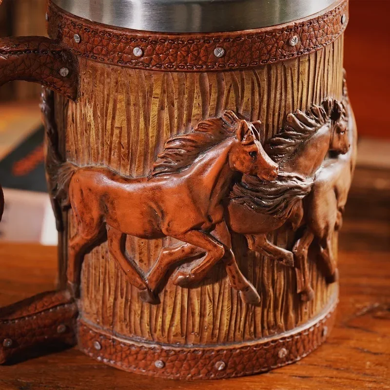 3D Handmade Beer Mug Wood Stainless Steel Cup Running Horses Simulation Wooden Barrel Double Wall Vintage Bar Accessories