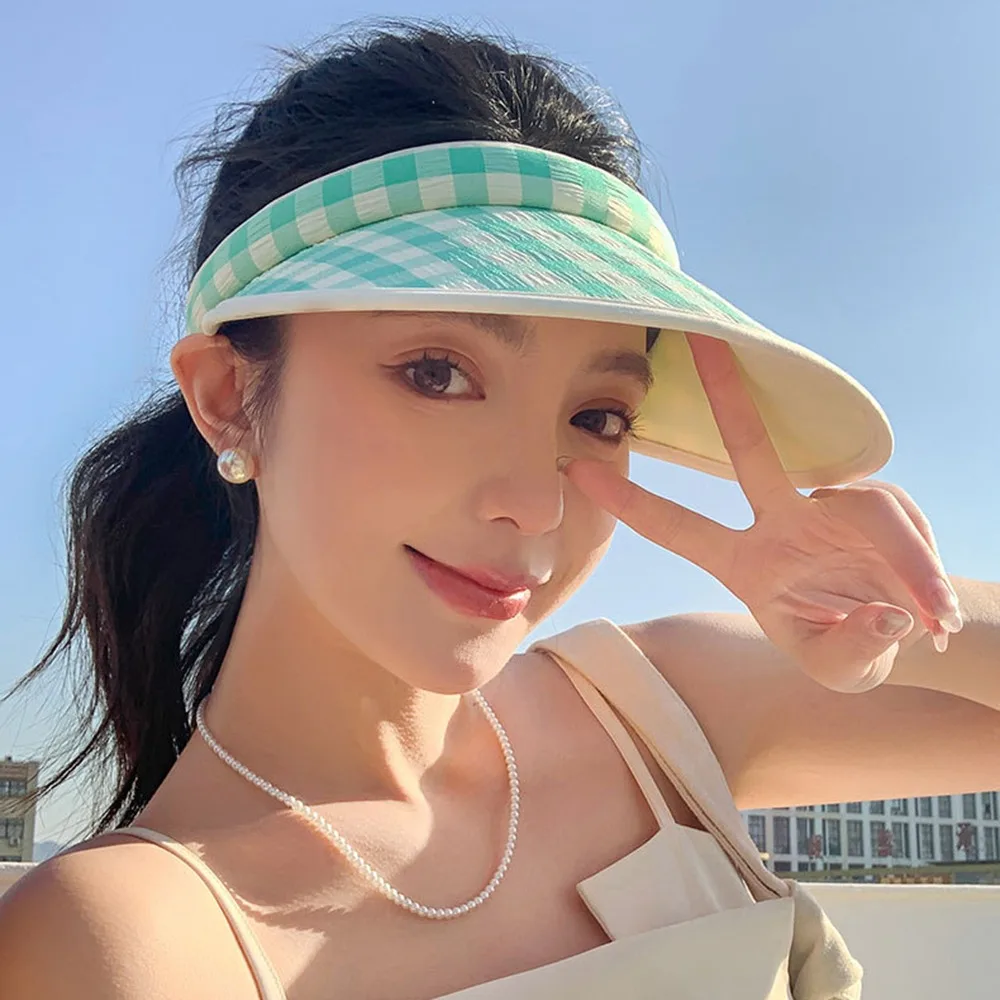

Plaid Print Large Brim Sun Hat Breathable Pastoral Style Summer Empty Top Cap Anti-UV Korean Style Sun Protection Hats Vacation