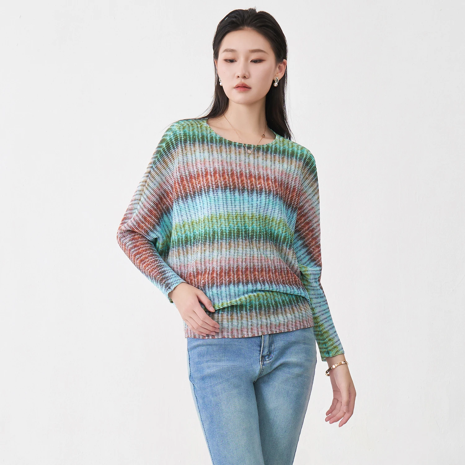 Quality Wholesale Fast Delivery Women's Batwing Sleeve Top Design Loose Casual T-shirt Pleated Print Fashion Top