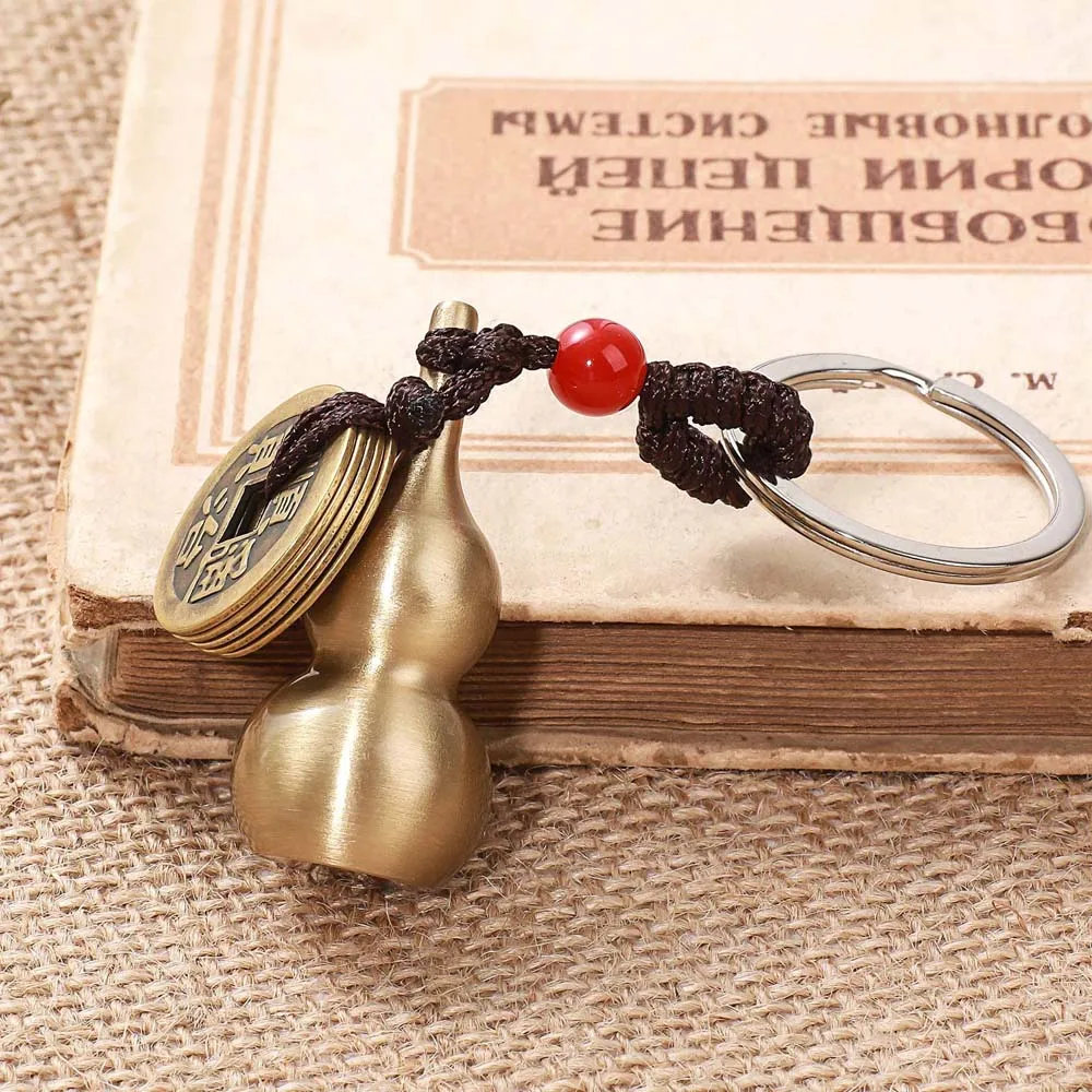 Fortune Auspicious Keychain Feng Shui Coin Auspicious Gourd Keychain Brass Calamus Five Floor Keychain with Prayer Paper Inside