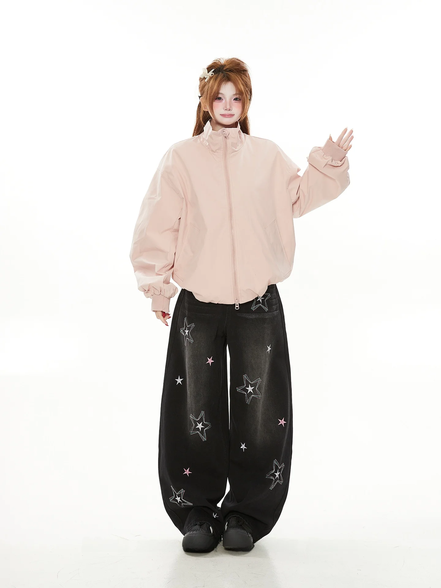 

Американский повседневный розовый жакет с воротником-стойкой для женщин, весна-осень, свободный крой, высококачественная уникальная красивая верхняя одежда в корейском стиле