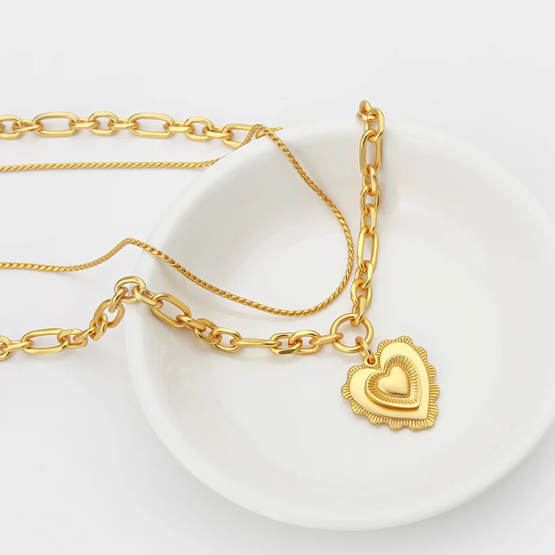 VAROLE Stylish Retro Ruffled Multi-layer Love Heart Necklace Double Strand Pendant Necklace Wedding Jewelry Wholesale Bridesmaid