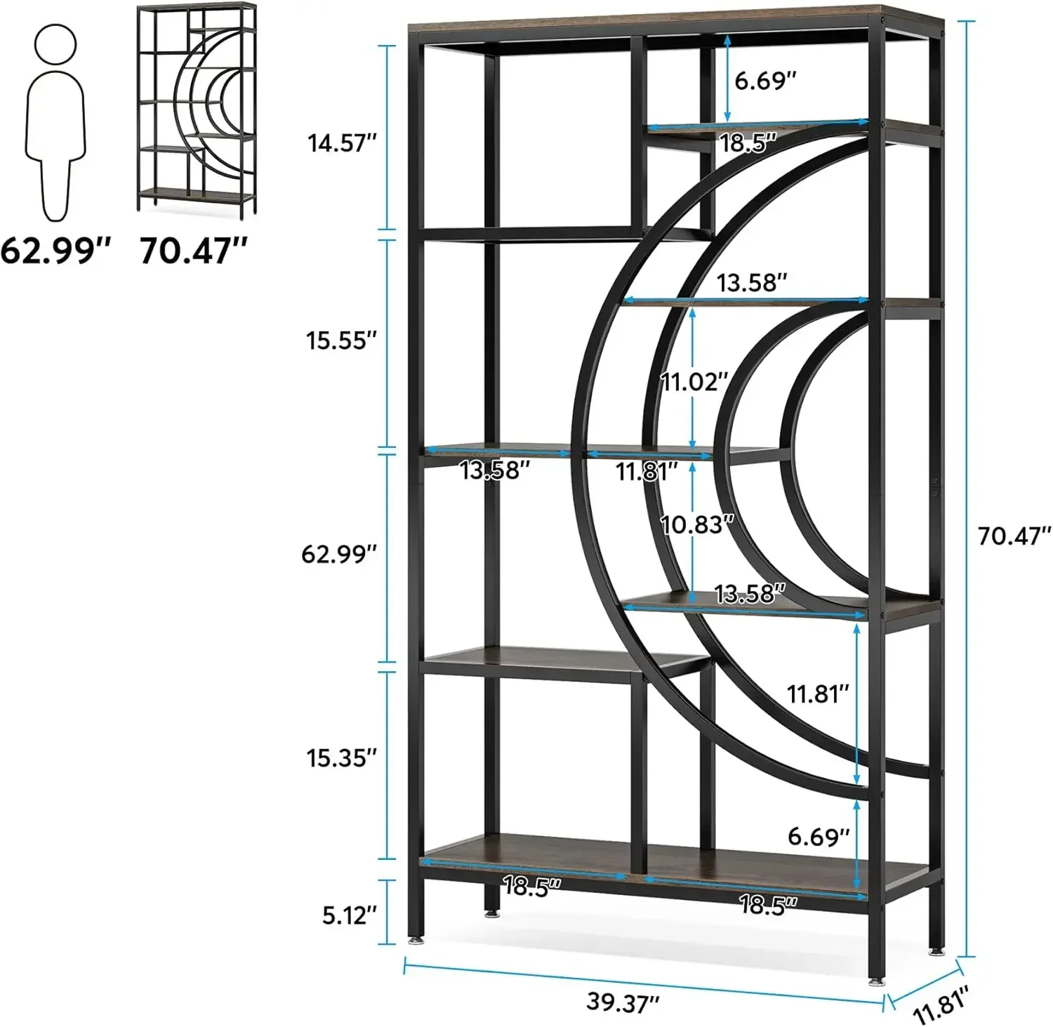 71 in Geometric Bookcase Set, Industrial 8-Tiers Bookshelves, Tall Etagere Bookcase with Metal Frame, Living Room