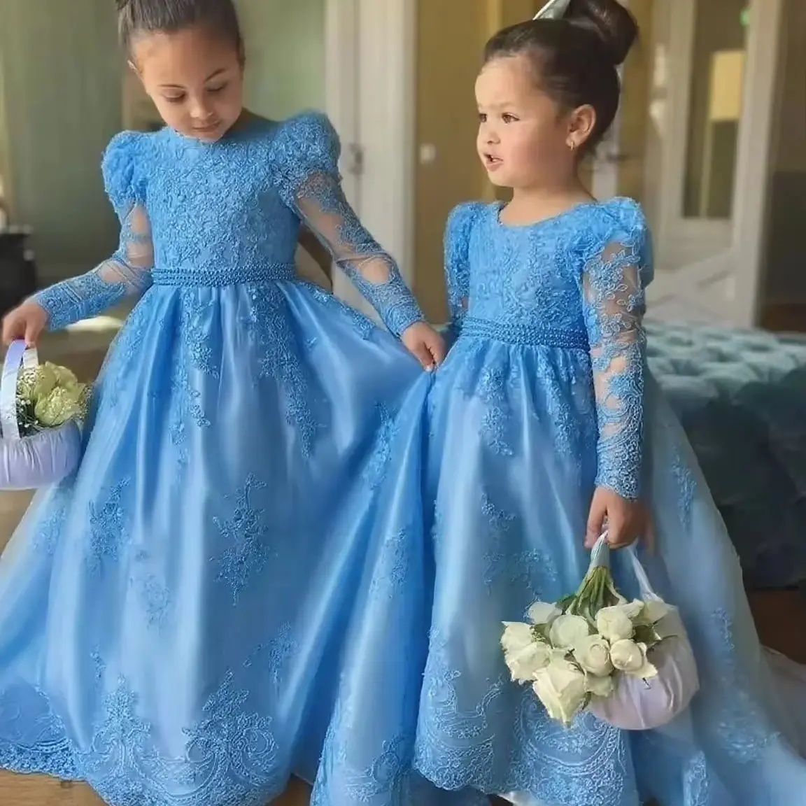 custom-white-flower-girl-dress-communion-party-dress-wedding-bow-lace-applique-floor-length-girls'-kids'-birthday-party