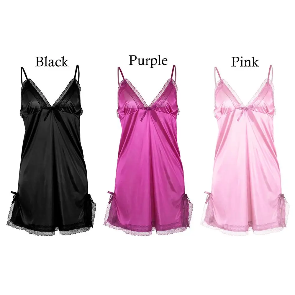 Sexy Lace Camisola Bowknots Patchwork Silk Dress Women's Nightgowns Nightdress Women Patchwork Lingerie Nighty Nightwear