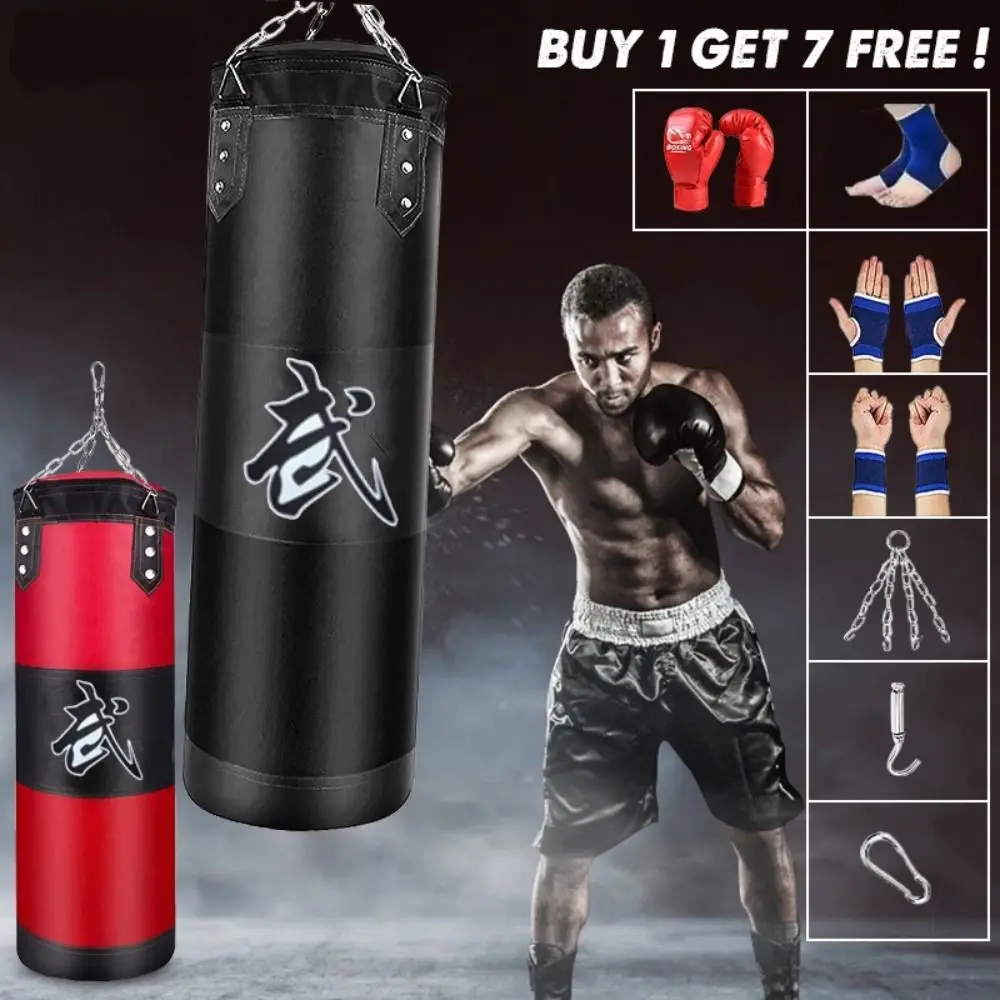 Saco de boxeo de cuero PU duradero, rojo y negro, con guantes, saco de arena de boxeo, bolsa de entrenamiento de tela Oxford para adultos y niños