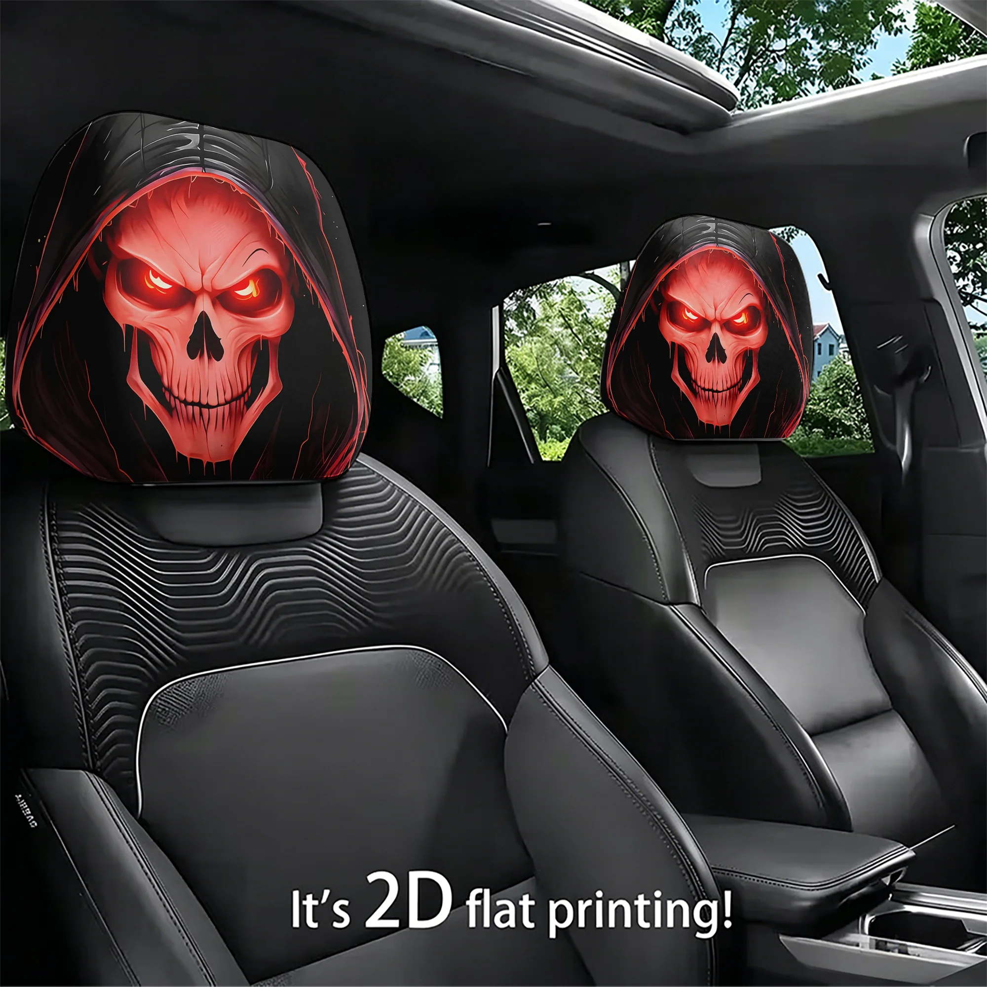 2pcs red skull car headrest covers to give your car interior a menacing vibe. Filling not included. Easy to install.