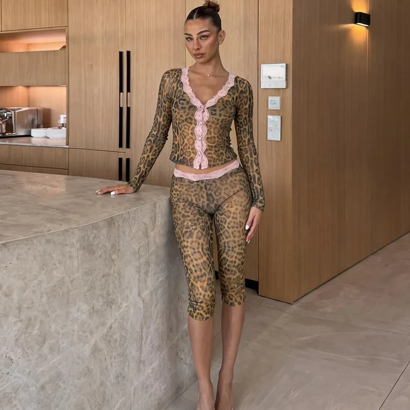 Gtpdpllt Women Leopard Sheer Mesh 2 Piece Set Sexy Lace Trim V Neck Button Long Sleeve Crop Top+Capri Pants Matched Streetwear