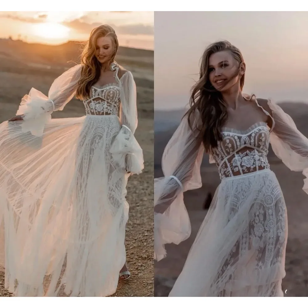 Retro Exquisite Lace Sequined Hippie Style Wedding Dress Romantic Tulle Bohemian Country Bridal Gowns With Puff Long Sleeves