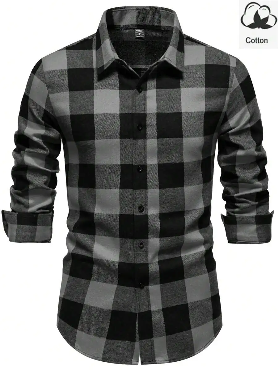 

Men's Casual Black and Gray Plaid Button-Down Long Sleeve Cotton Shirt