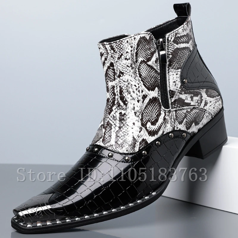 Men Snake Print Pointed Toe Western Cowboy Ankle Boots, Punk Rivet Studded Side Zipper Fashion Party Dress Short Booties