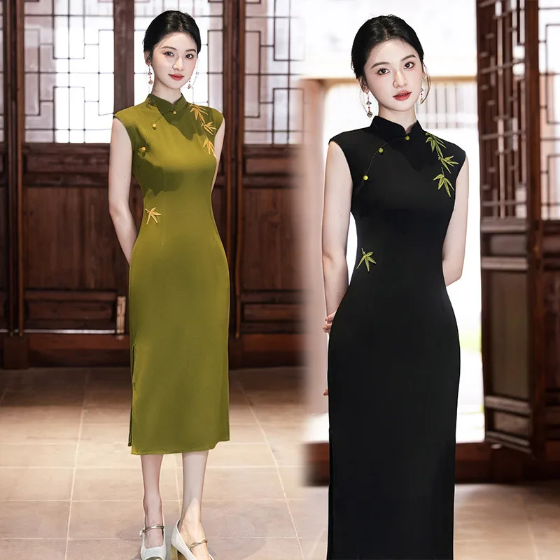 

Green New Chinese Style Sleeveless Qipao Embroidery Temperament 2025 New Elegant Dress Long Qipao