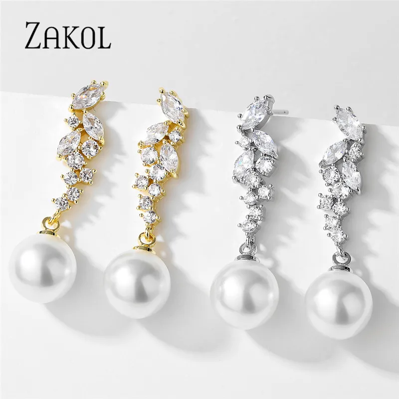 ZAKOL Korean Fashion Cubic Zirconia Pearl Dangle Earrings for Women Luxury Engagement Wedding Party Jewelry Gifts EP5125