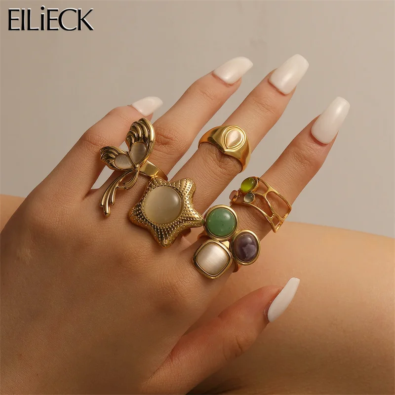 EILIECK 316L Stainless Steel Stylish Stone Gold Color Ring for Women Exquisite 18K PVD Plated Charm Finger Jewelry Wedding Gift