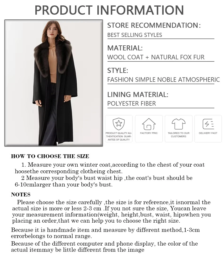 女性用ロングウールコート,本物のキツネの毛皮の襟,黒のジャケット,冬