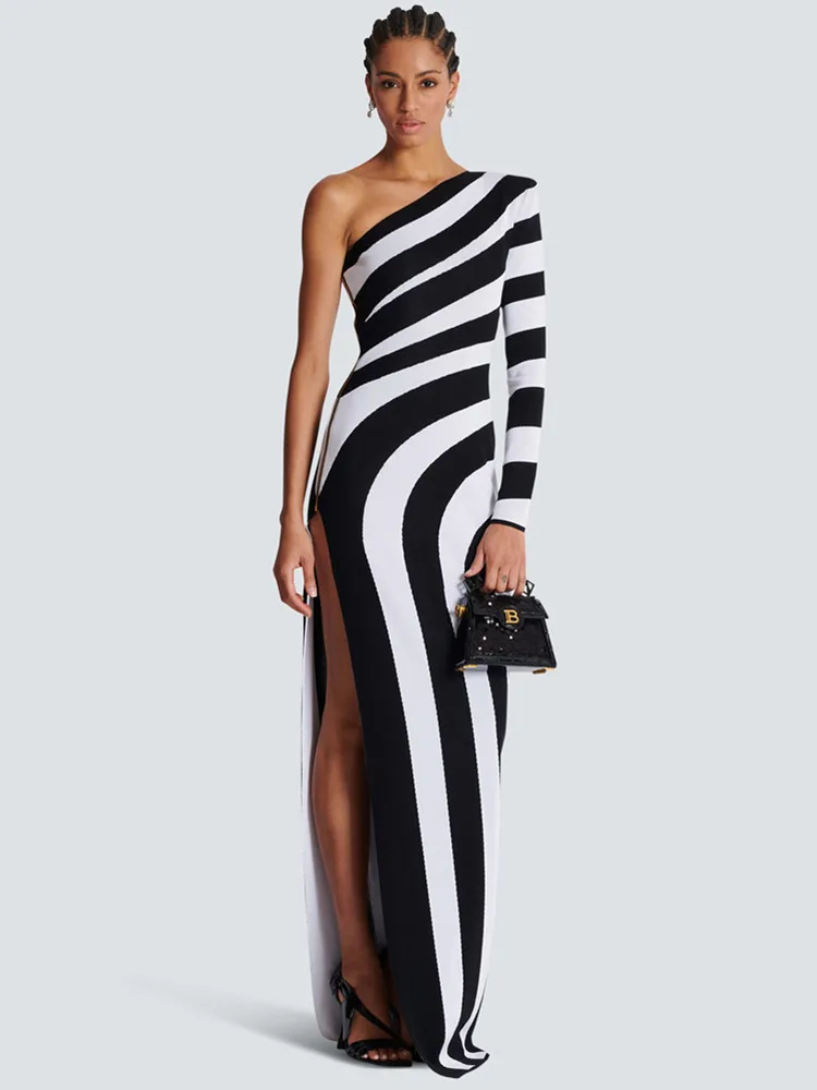 

Women Celebrity Sexy One Shoulder Striped Jacquard Maxi Long Split Bodycon Bandage Dress 2024 Evening Club Party Luxury Wrap