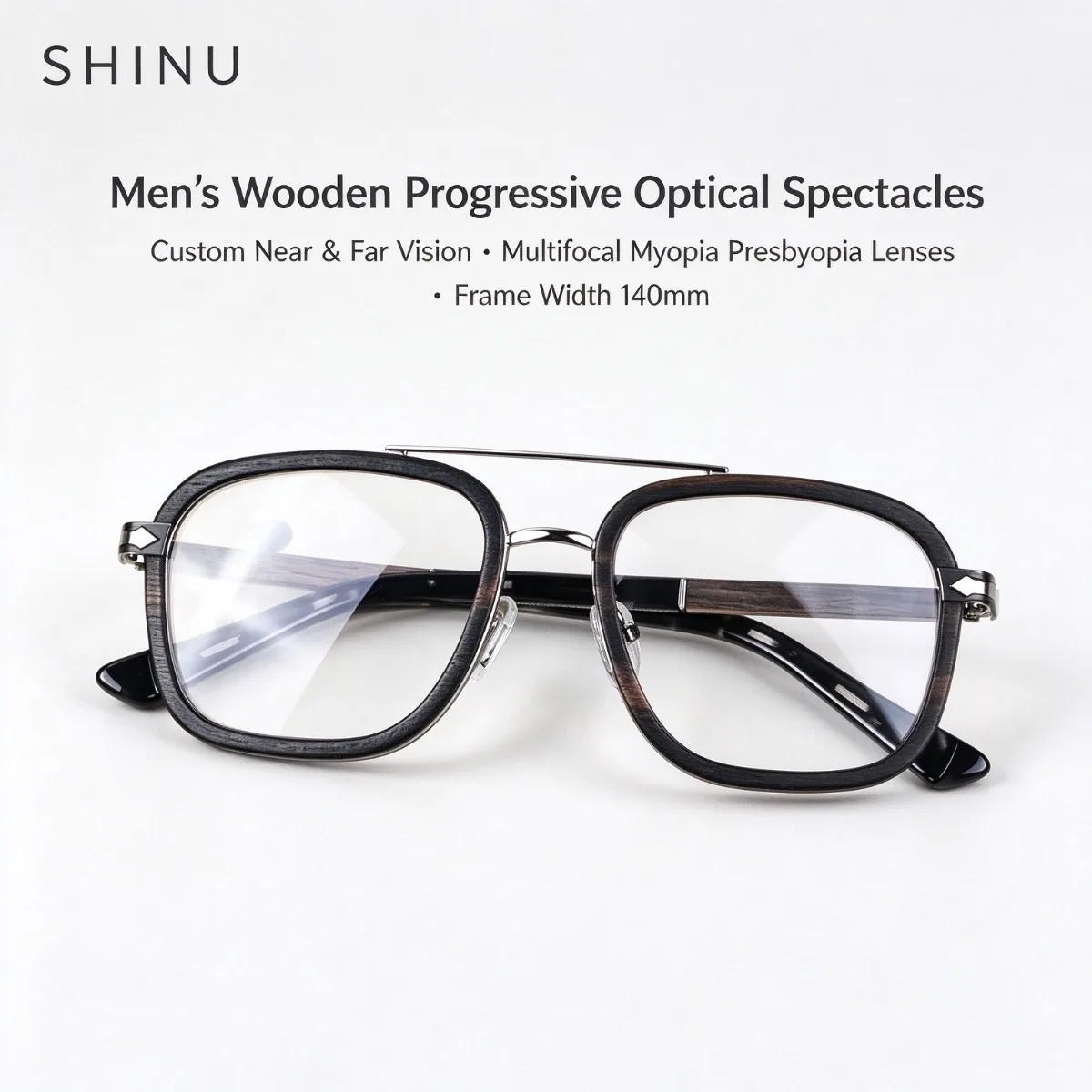 SHINU Men Wooden Progressive Optical Spectacles Custom Near & Far Vision Multifocal Myopia Presbyopia Lenses Frame Width 140mm