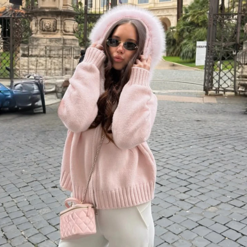 

Tsiisd Casual Hoodie Cardigan Female Fluffy Zipper Solid Patchwork Long Sleeves Ribbed Knit Jacket Coat Women's Cardigan 2026